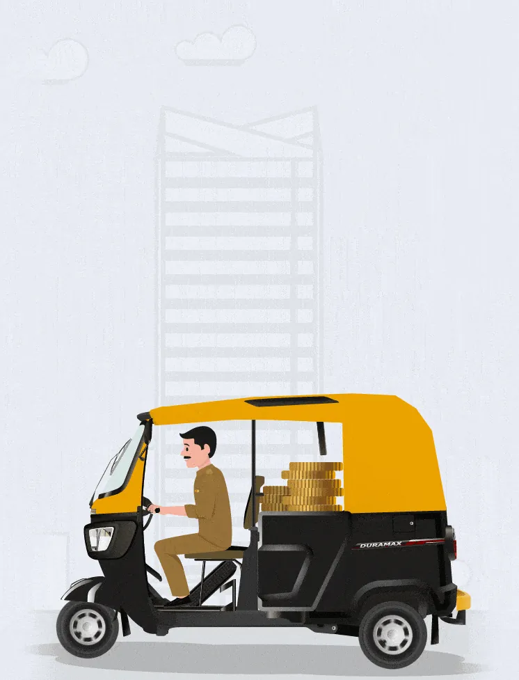 Illustration of a TVS King auto driver with savings, representing easy finance